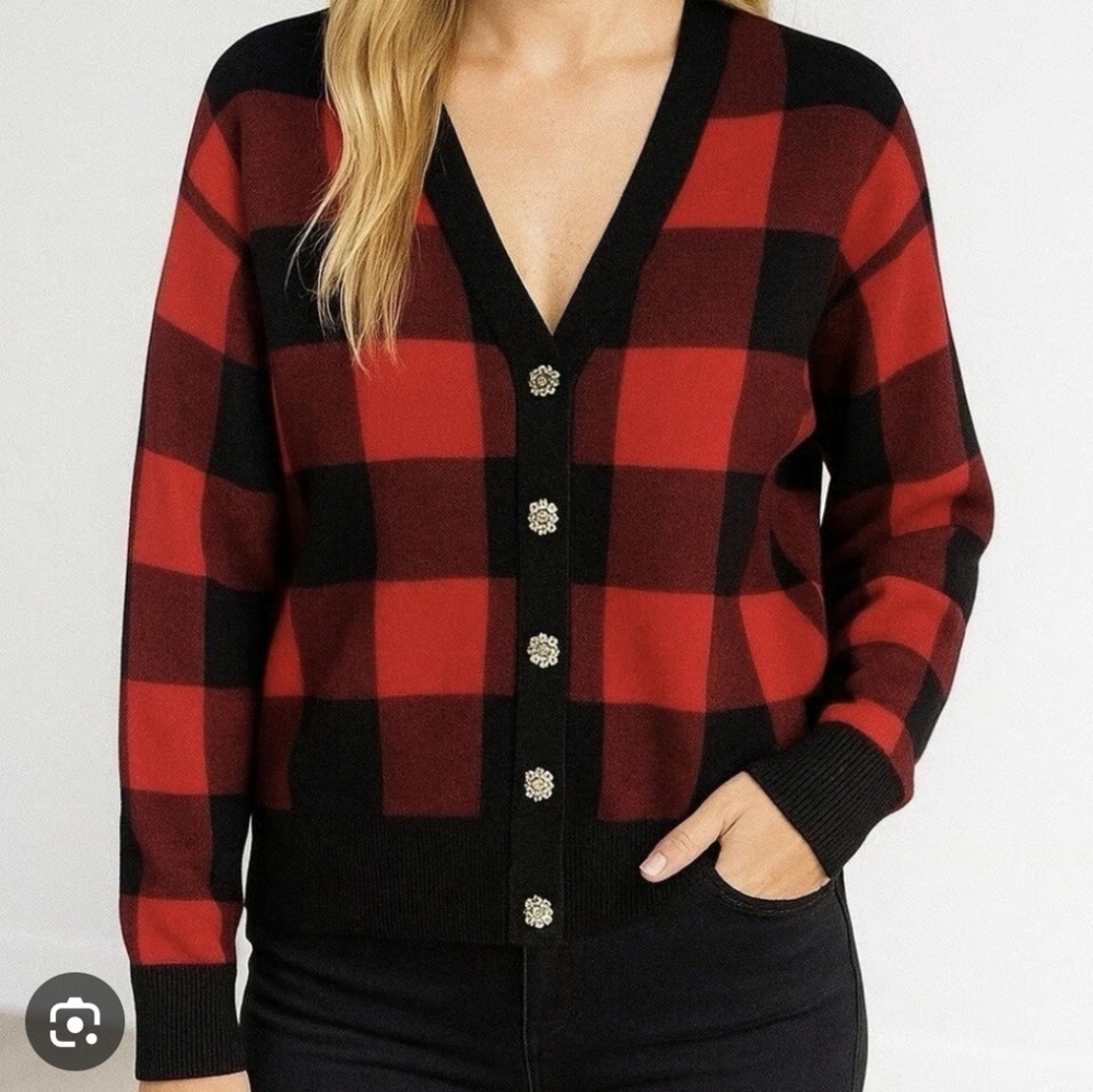 Tommy Bahama Red and Black Checkered Cardigan